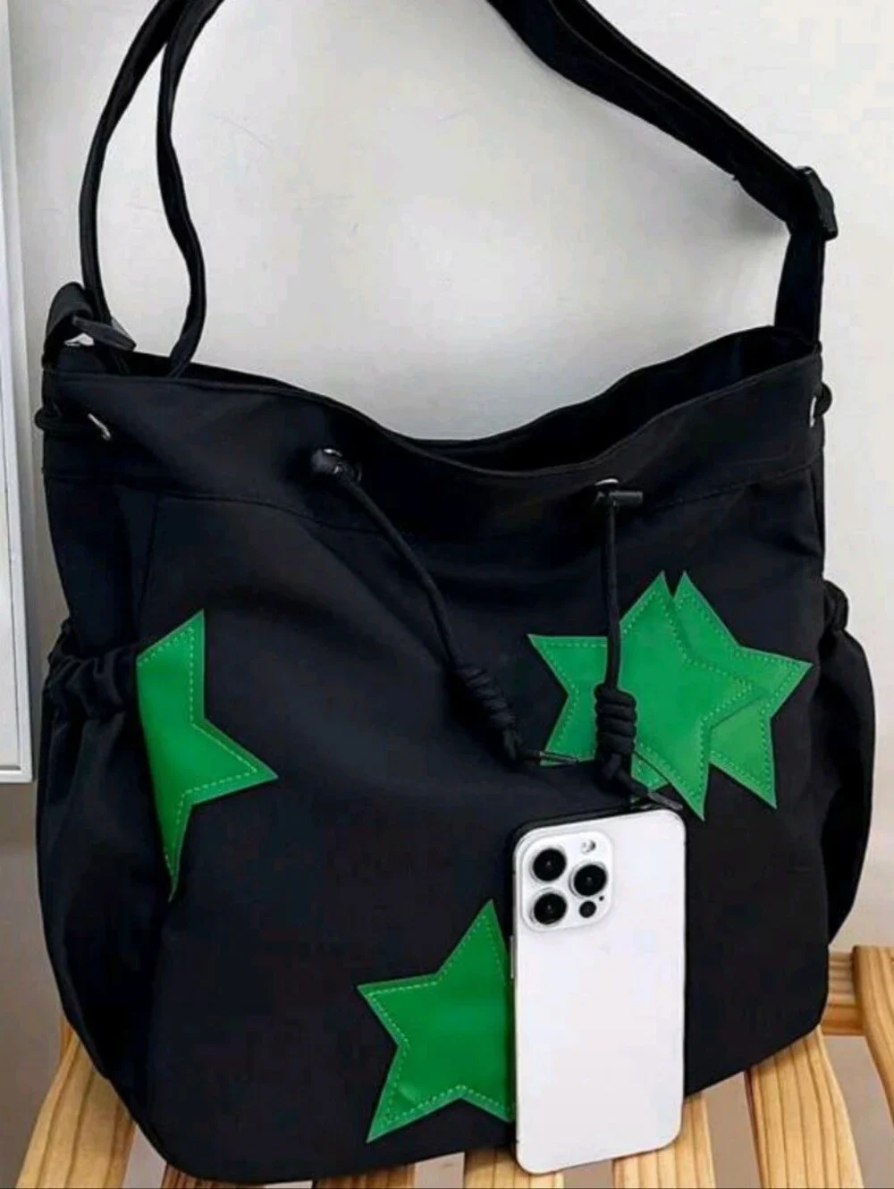 Stylish Black and Green Women's Bag With Stars Decor. New Spring/ Summer Plain